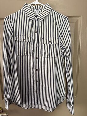 PAIGE White and Navy Striped Button-Down Shirt